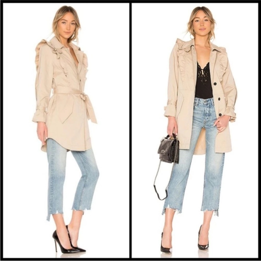 Joie Gila Ruffle Trim Belted Trench Coat Tan Khaki Size Medium M